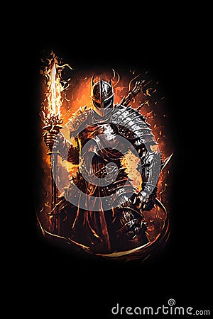 An illustration of fire wizard warrior with holdoing burning fire sword and flame background or fantasy and game character. Good Cartoon Illustration