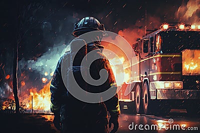 illustration, fireman at work fire truck background, ai generative Cartoon Illustration