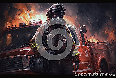 illustration, fireman at work fire truck background, ai generative Cartoon Illustration