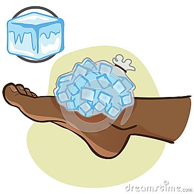 Illustration of first aid person afro descendant, foot with ice bag, side view Vector Illustration