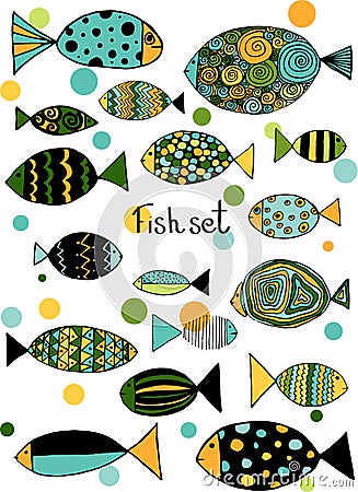 Illustration with fishes. Funny fish outline art Vector Illustration