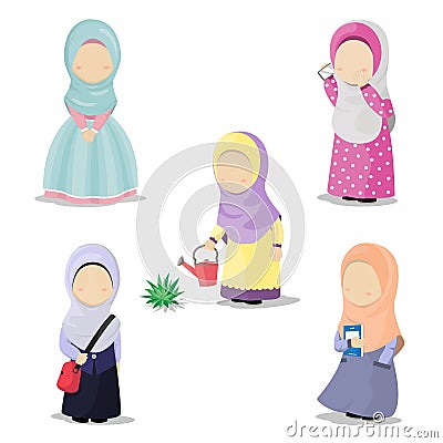 Set of Hijab girl cartoon character doing daily activities vector illustration Vector Illustration