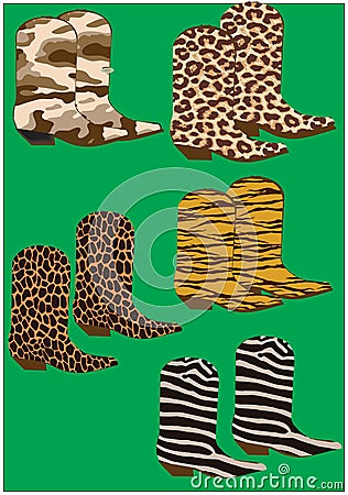 Illustration of five pairs of female boots on green background Cartoon Illustration