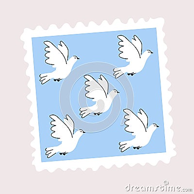 An illustration of five white doves on blue background. Cartoon style flying pigeons. Cartoon Illustration
