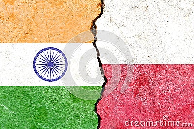 Illustration of the flags of India and Poland separated by a crack - conflict or comparison Cartoon Illustration