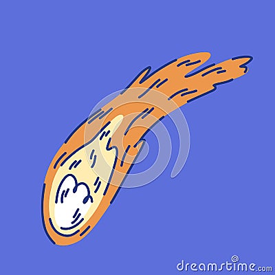 Illustration of a flaming comet on a blue background with a tail and aura Vector Illustration