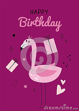 Illustration with flamingo and the inscription happy birhday on a pink background. Greeting card with flamingo, gift box Vector Illustration