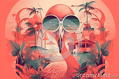 flamingo with sunglasses and palms, surreal abstract tropical collage with a vintage retro style. Generative AI Cartoon Illustration