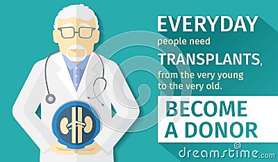 Illustration of flat design. poster transplantation organs. Become a donor. Vector Illustration