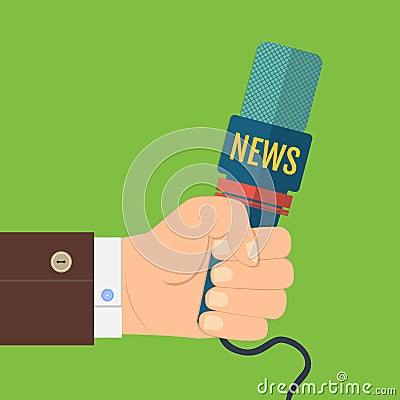 Illustration of a flat icon hand holding a microphone, reporter of news interviews, press conference Cartoon Illustration