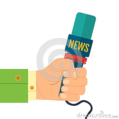 Illustration of a flat icon hand holding a microphone, reporter of news interviews, press conference Cartoon Illustration