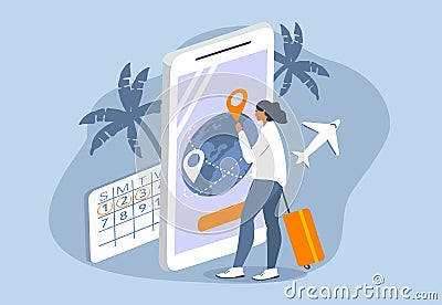 Illustration in flat style. the girl chooses air tickets on the smartphone screen. Vector Illustration