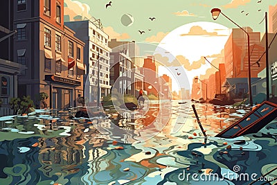 Illustration of a flooded street in the city at sunset. Vector illustration, illustration of flood water disaster in city, AI Cartoon Illustration