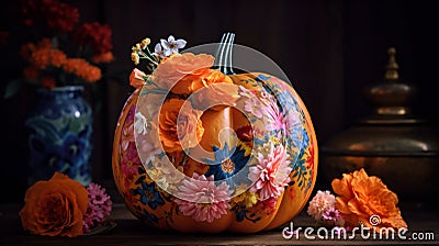 Floral pumpkin, digital illustration artwork, holidays, halloween Cartoon Illustration