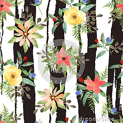 Illustration of floral seamless.Colorful flowers with strips Stock Photo