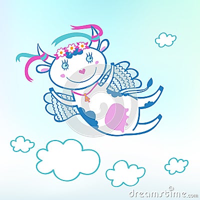 Illustration of flying funny cow in the sky with clouds Vector Illustration