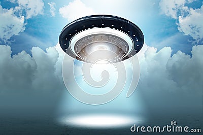 The illustration of flying saucer emitting light - 3d rendering Stock Photo