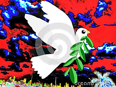 Illustration of a flying white dove carrying leafy tree branches with a scary red sky background. Stock Photo