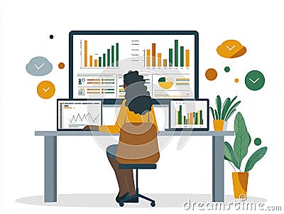 An illustration focusing on customer support processes being managed efficiently via computers. Cartoon Illustration