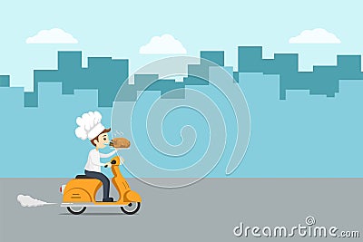 Illustration Food Delivery Chef Ride Motorcycle Service Cute character , Order many branches Worldwide Shipping , Fast and Free Vector Illustration