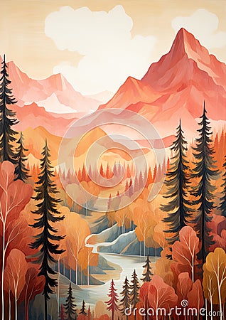 illustration of a forest, featuring trees, rivers, and mountain peaks in a painted landscape. Cartoon Illustration