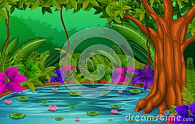 Forest scene with lake Vector Illustration