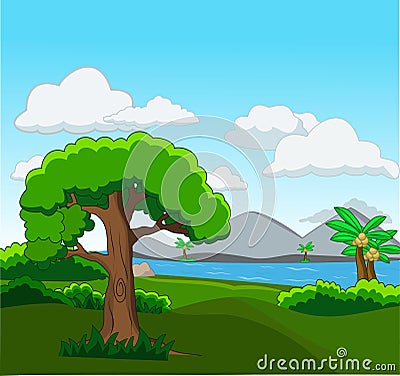 Forest scene with many trees and river illustration Vector Illustration