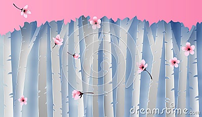 Illustration of forest view scene Colorful blooming cherry tree.graphic for sakura flowers place for your text background. Spring Vector Illustration