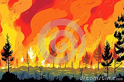 illustration of forest wildfire, charred trees, haze of smoke. climate change and extreme heat Cartoon Illustration