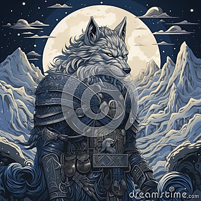 An illustration of a formidable warrior with a wolf's head, wearing intricate armor, standing atop a snowy mountain Cartoon Illustration