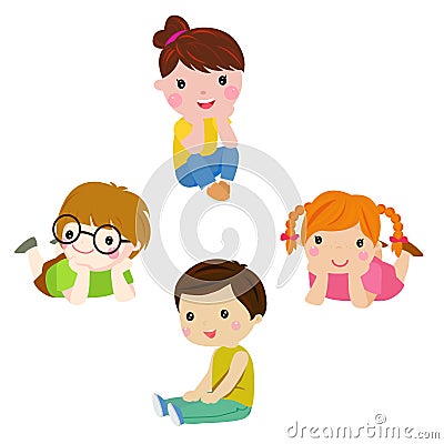 Four children sitting or lying Vector Illustration