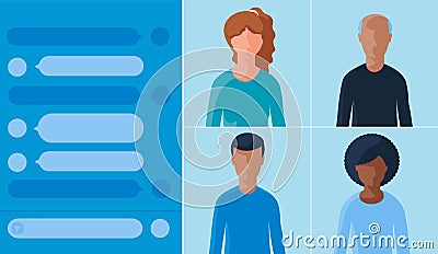 Illustration of four people and chat history on a screen Cartoon Illustration