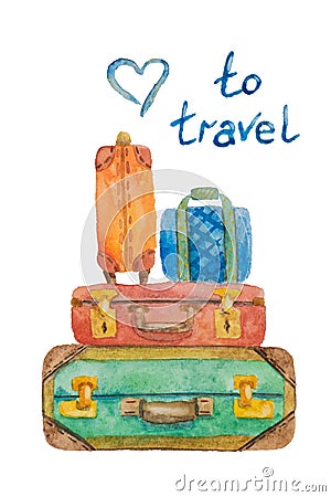 Illustration of four suitcases for travel on a white background painted with watercolor Stock Photo