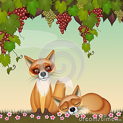 Illustration of foxes under the grapes Cartoon Illustration