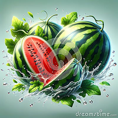 An illustration of fresh watermelons with water splashing Cartoon Illustration