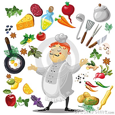 Illustration of friendly Chief cook, food design elements. Vector Illustration