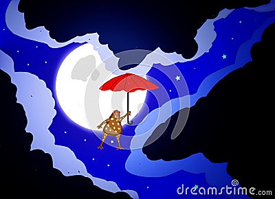 Illustration Of Frog Flying In Moon Night Sky With Support Of Red Umbrella, And Dark Cloudscape. Stock Photo