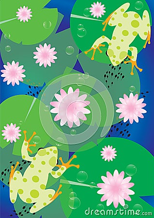 Illustration of Frogs and Lotus Vector Illustration