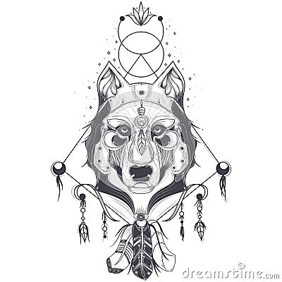 illustration of a front view of a wolf head, geometric sketch of a tattoo Cartoon Illustration