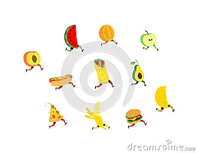 Illustration of fruit and fast food. Vector. Characters hamburger, pizza, hot dog, shawarma. Cute apple, avacado, watermelon, Vector Illustration