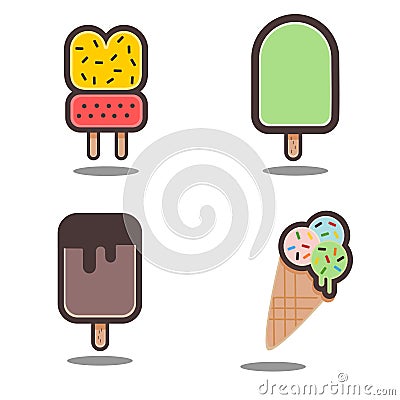 Illustration of fruit popsicles and ice cream with little sweets. Isolated on a white background Vector Illustration
