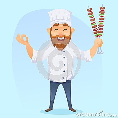 A illustration of funny cartoon cook man with barbeque Cartoon Illustration