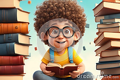 funny curly haired student boy sitting with tower of books, international student day theme Stock Photo