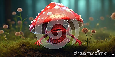 Illustration of funny mushrooms in the forest. Fairy mushrooms in fantasy land, forest landscape. Generative AI Stock Photo