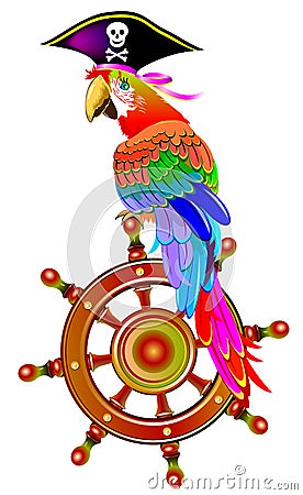 Illustration of funny parrot siting on the steering wheel in a pirate hat, vector cartoon image. Vector Illustration