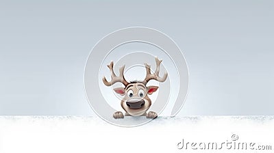 illustration of a funny reindeer peeking his head out from behind a snowy wall Stock Photo