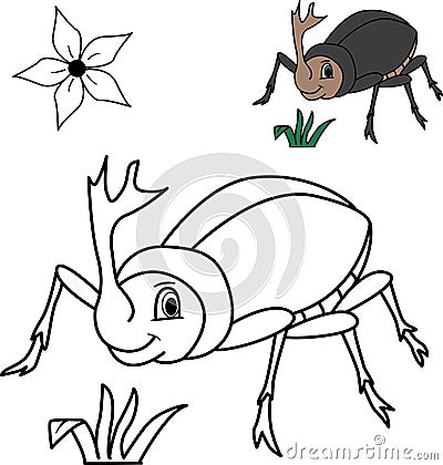 Illustration of a cute rhinoceros beetle for a children's coloring book. Rhinoceros beetle cartoon vector Stock Photo