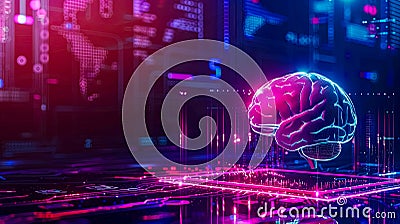 Digital illustration of a glowing brain on a high-tech circuit board background, copy space Stock Photo
