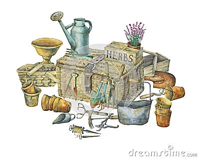 Illustration of gardening tools. Stock Photo