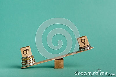 Illustration of gender pay gap with money and seesaw Stock Photo